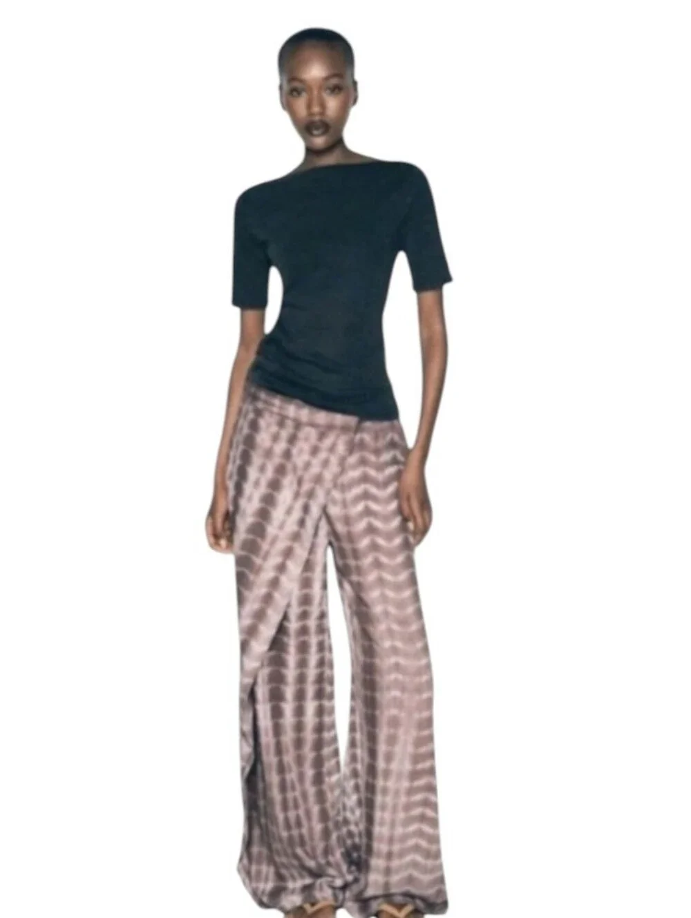 NWOT Zara Linen Blend Tie Dye Wide Leg Pants Wrap Front XL Brown White Boho